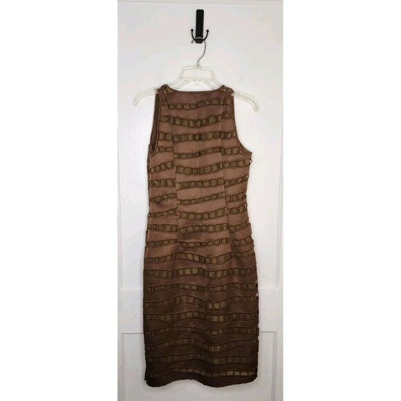 Size 6 AKRIS Caramel Gold Brown V-Neck Dress Textured Stripes 100% Silk $3990 - Picture 2 of 9